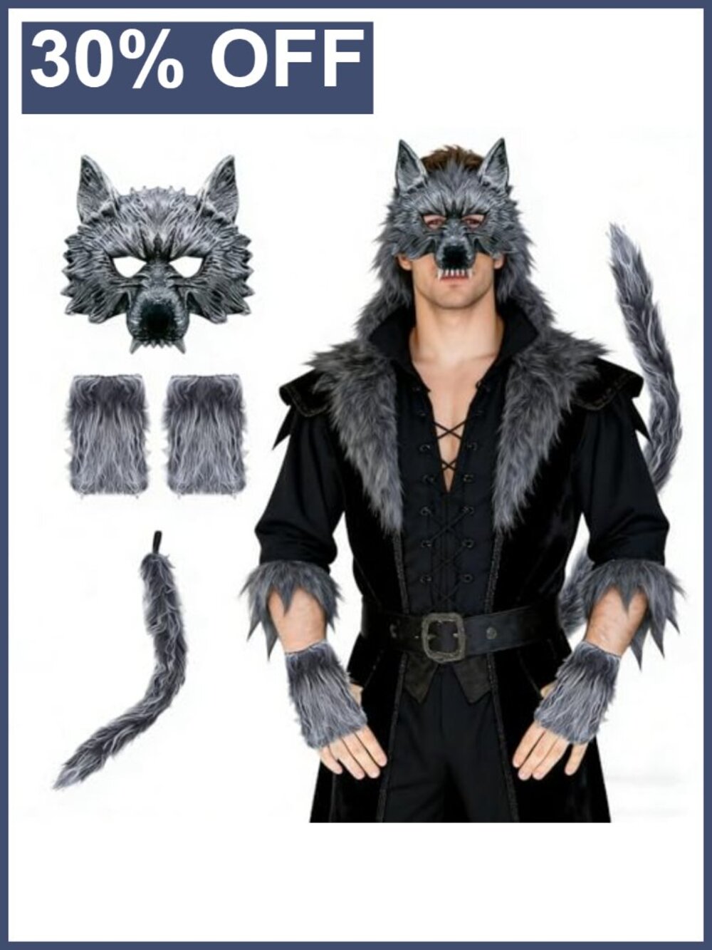 Wolf Costume Set with Headband, Gloves & Tail for Halloween